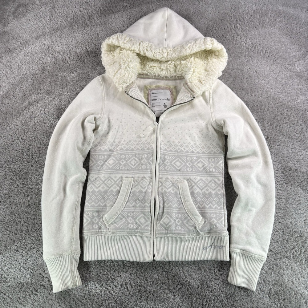 Aeropostale Y2K Womens XS Fair Isle Zip Hoodie Faux Fur Sherpa White 7114AH10